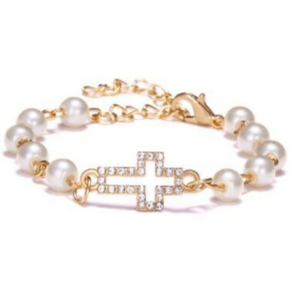 White Pearl Cross Bracelet - Picture 1 of 7